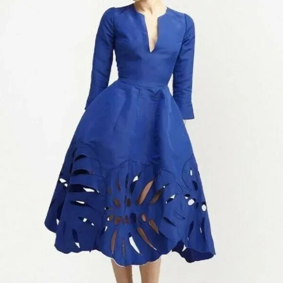 °$4,590 NEW OSCAR DE LA RENTA BLUE SILK LEAF MIDI DRESS US 8
